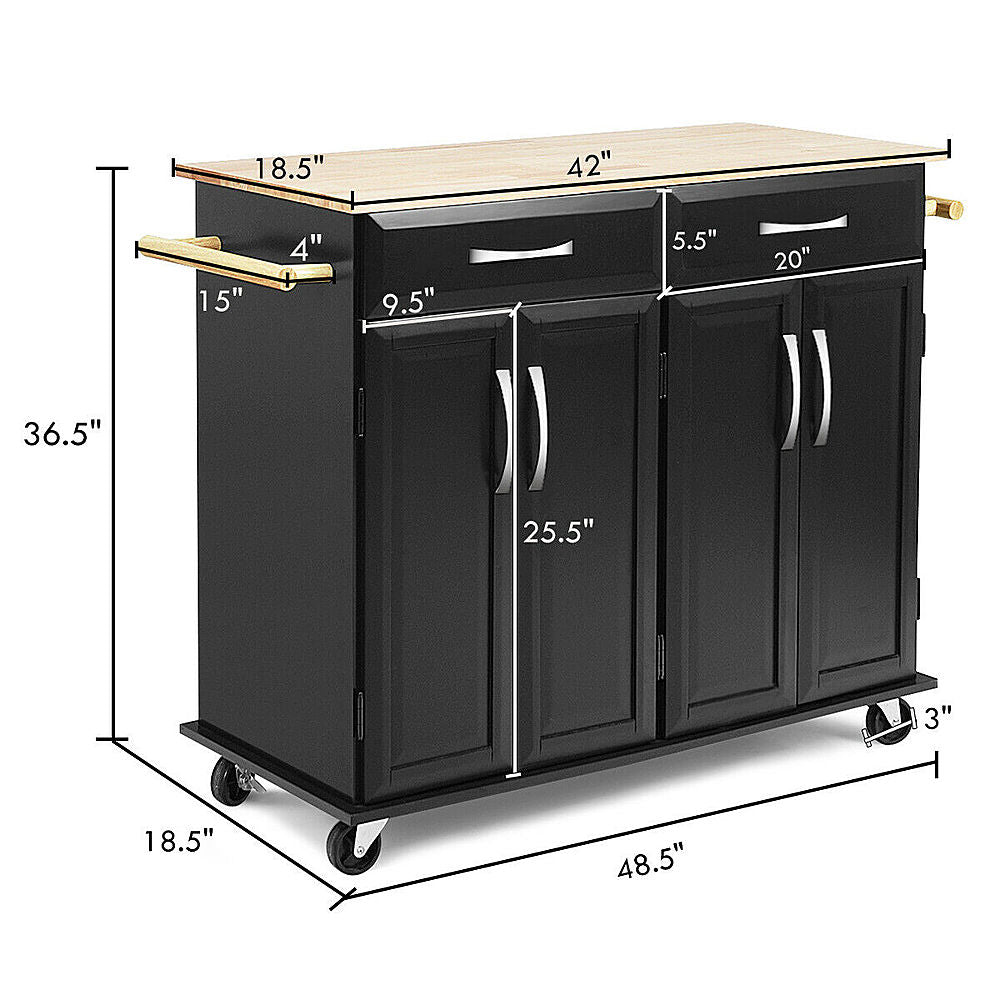 Costway Rolling Kitchen Trolley Island Cart Wood Top Storage Cabinet Utility W/ Drawers - Black_2