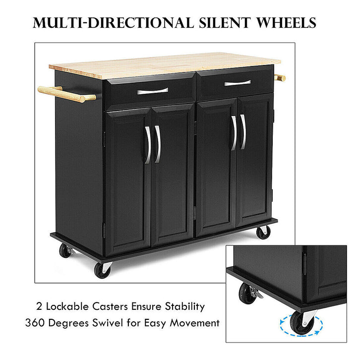 Costway Rolling Kitchen Trolley Island Cart Wood Top Storage Cabinet Utility W/ Drawers - Black_4