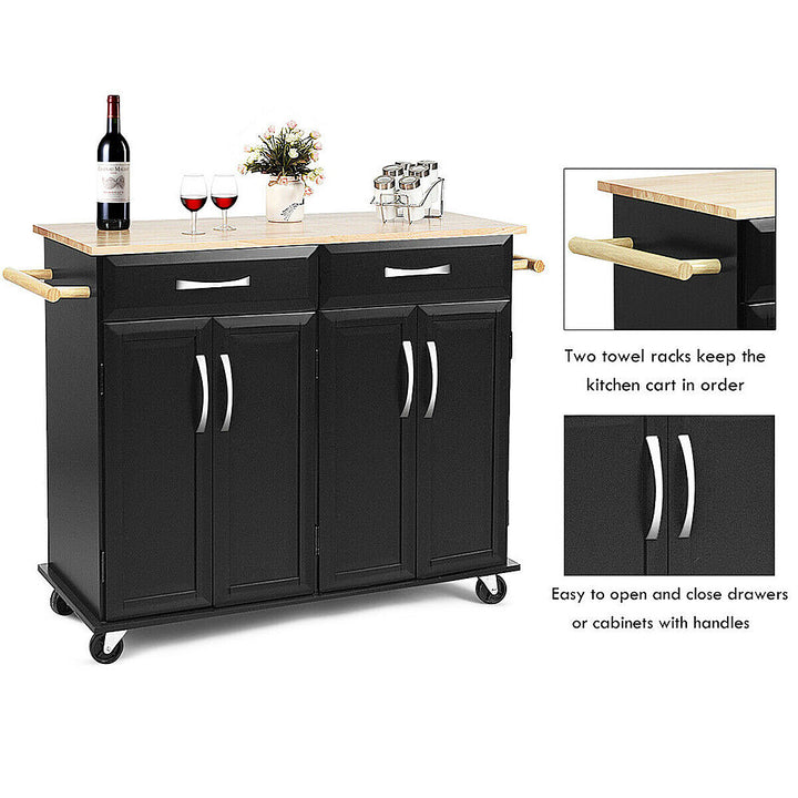 Costway Rolling Kitchen Trolley Island Cart Wood Top Storage Cabinet Utility W/ Drawers - Black_5