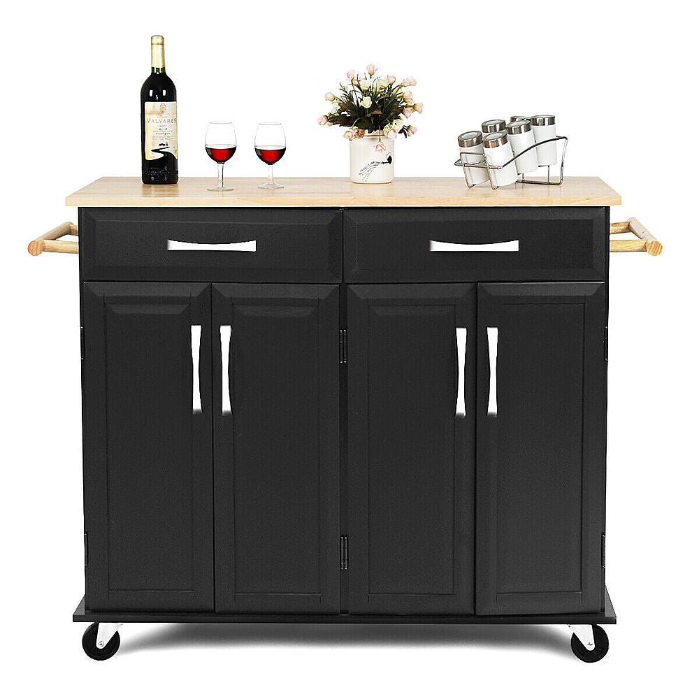 Costway Rolling Kitchen Trolley Island Cart Wood Top Storage Cabinet Utility W/ Drawers - Black_6