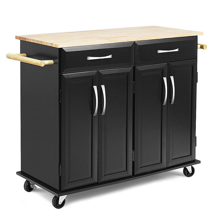 Costway Rolling Kitchen Trolley Island Cart Wood Top Storage Cabinet Utility W/ Drawers - Black_7