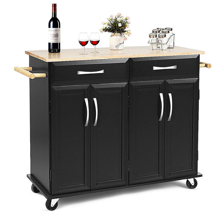 Costway Rolling Kitchen Trolley Island Cart Wood Top Storage Cabinet Utility W/ Drawers - Black_8