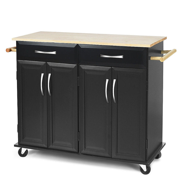 Costway Rolling Kitchen Trolley Island Cart Wood Top Storage Cabinet Utility W/ Drawers - Black_9