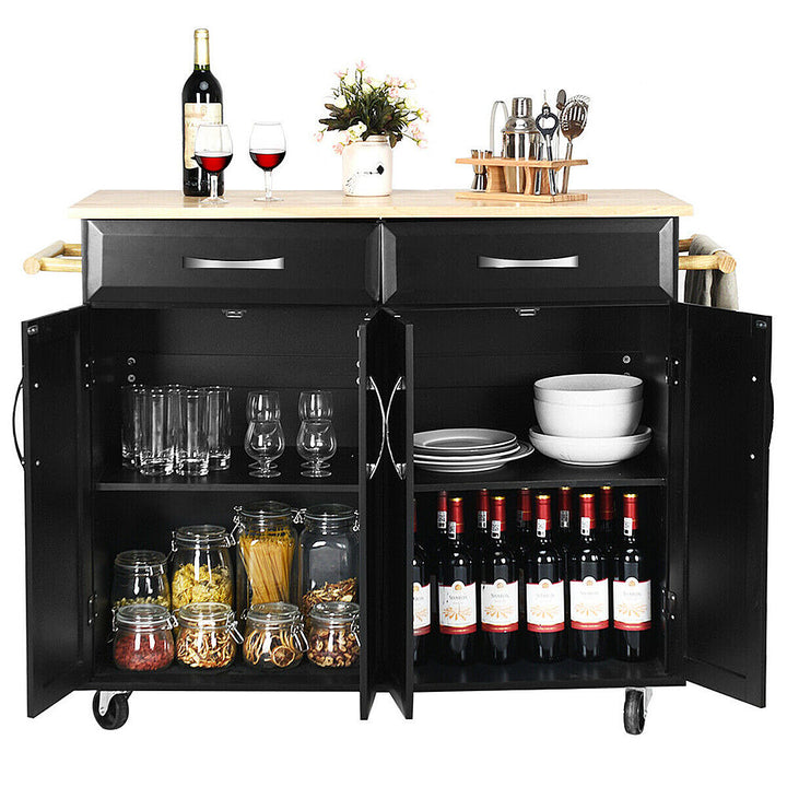 Costway Rolling Kitchen Trolley Island Cart Wood Top Storage Cabinet Utility W/ Drawers - Black_11