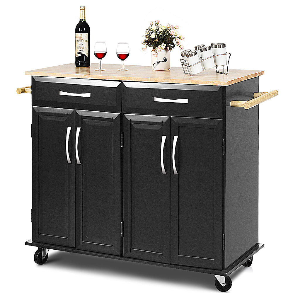 Costway Rolling Kitchen Trolley Island  Cart Wood Top Storage Cabinet Utility w/ Drawers - Black_0