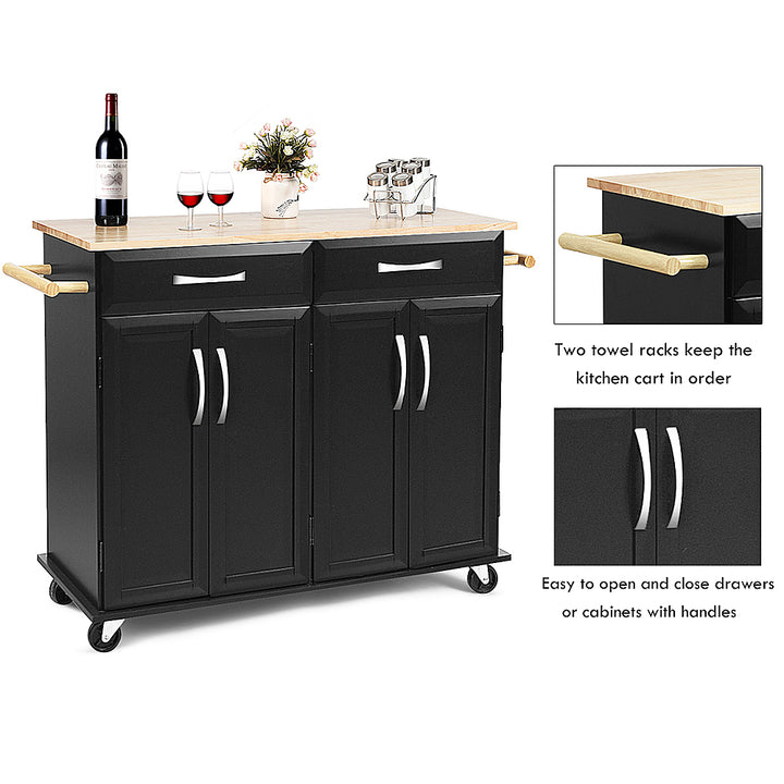 Costway Rolling Kitchen Trolley Island  Cart Wood Top Storage Cabinet Utility w/ Drawers - Black_5