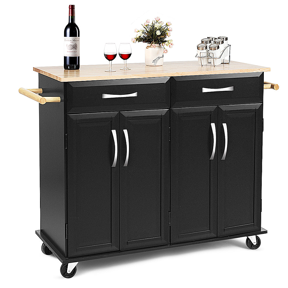 Costway Rolling Kitchen Trolley Island  Cart Wood Top Storage Cabinet Utility w/ Drawers - Black_8