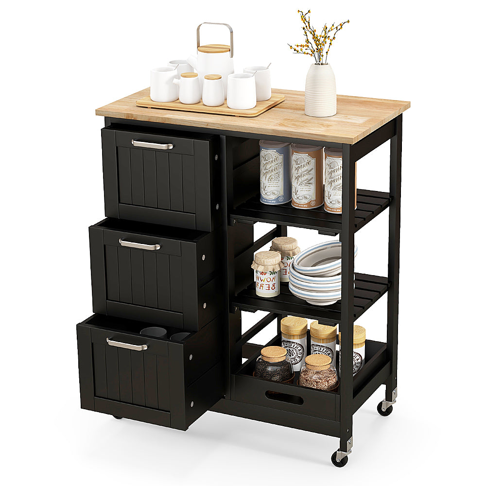 Costway Rolling Kitchen Island Utility Storage Cart w/ 3 Storage Drawers & Shelves - Black_0