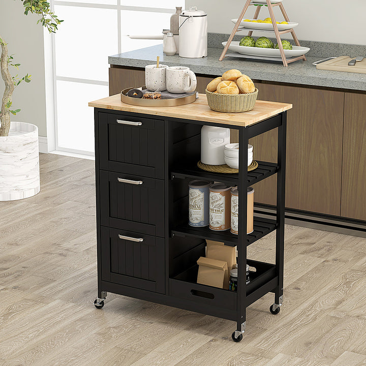 Costway Rolling Kitchen Island Utility Storage Cart w/ 3 Storage Drawers & Shelves - Black_1