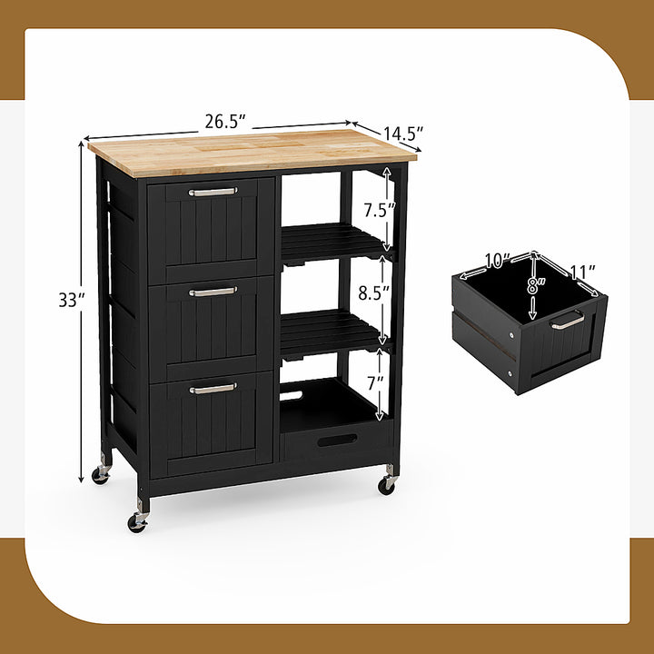 Costway Rolling Kitchen Island Utility Storage Cart w/ 3 Storage Drawers & Shelves - Black_2