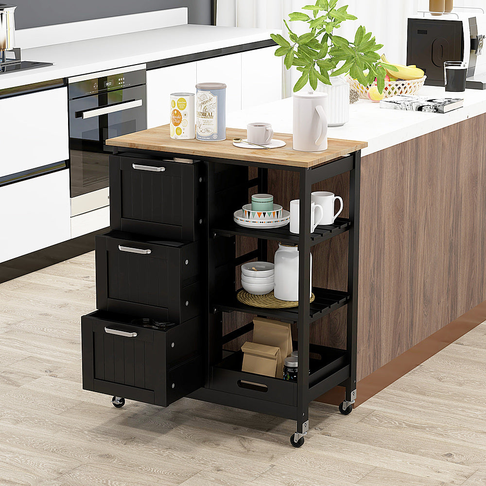 Costway Rolling Kitchen Island Utility Storage Cart w/ 3 Storage Drawers & Shelves - Black_4