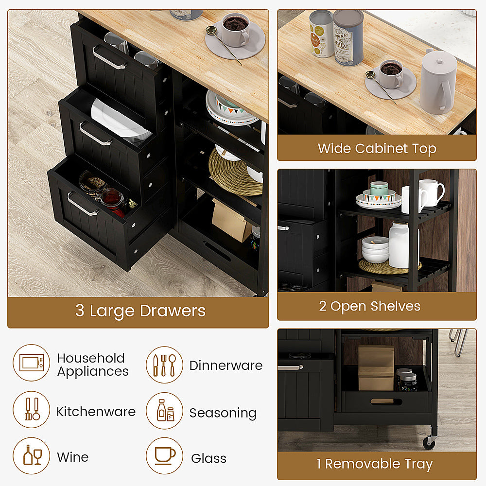 Costway Rolling Kitchen Island Utility Storage Cart w/ 3 Storage Drawers & Shelves - Black_5