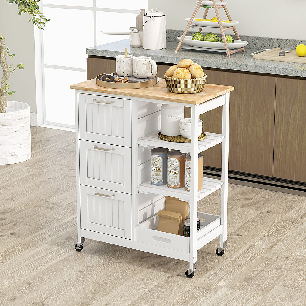 Costway Rolling Kitchen Island Utility Cart with 3 Storage Drawers & Open Shelves - White_1