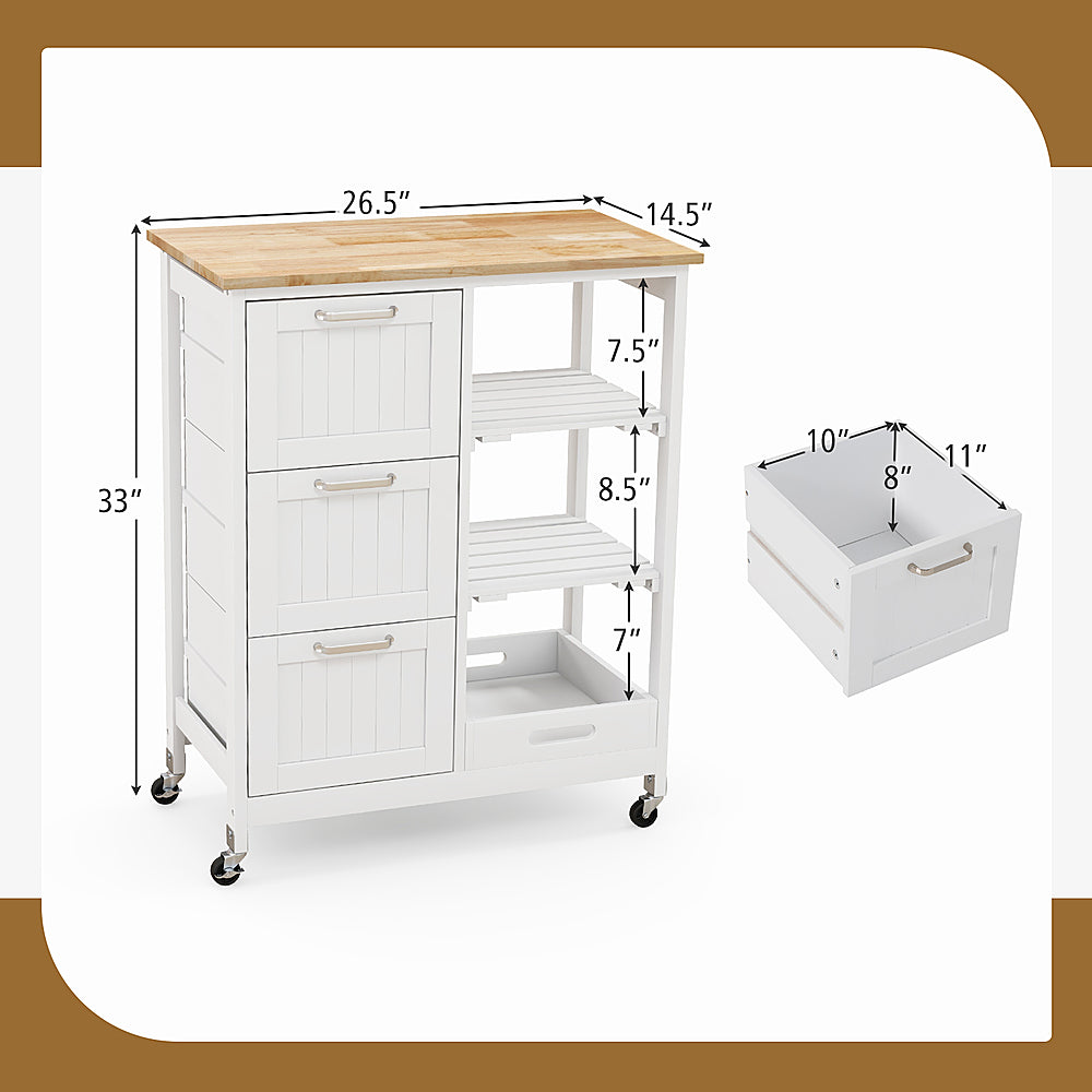 Costway Rolling Kitchen Island Utility Cart with 3 Storage Drawers & Open Shelves - White_2