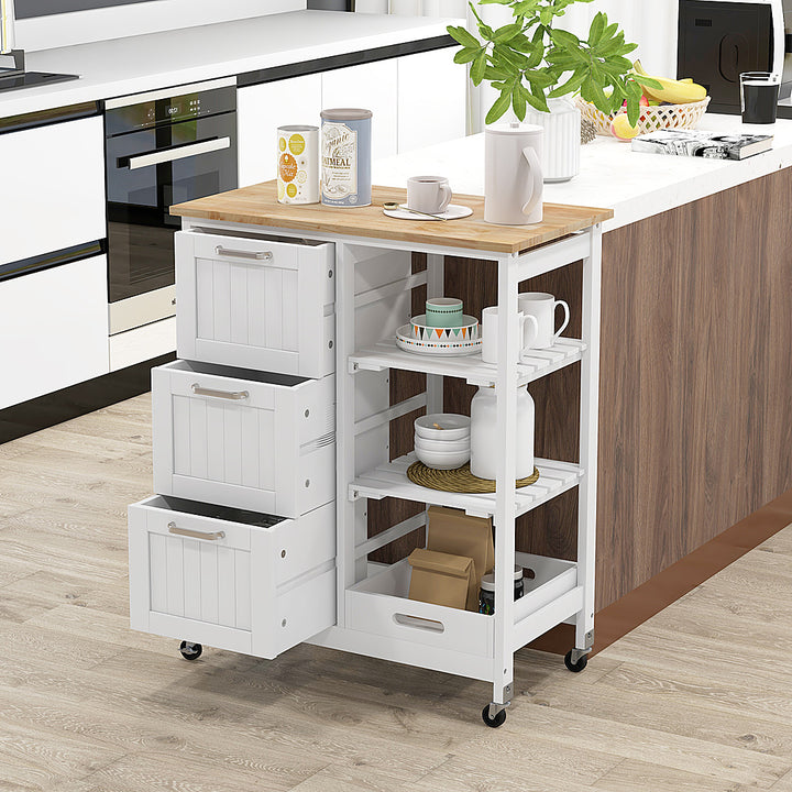 Costway Rolling Kitchen Island Utility Cart with 3 Storage Drawers & Open Shelves - White_4