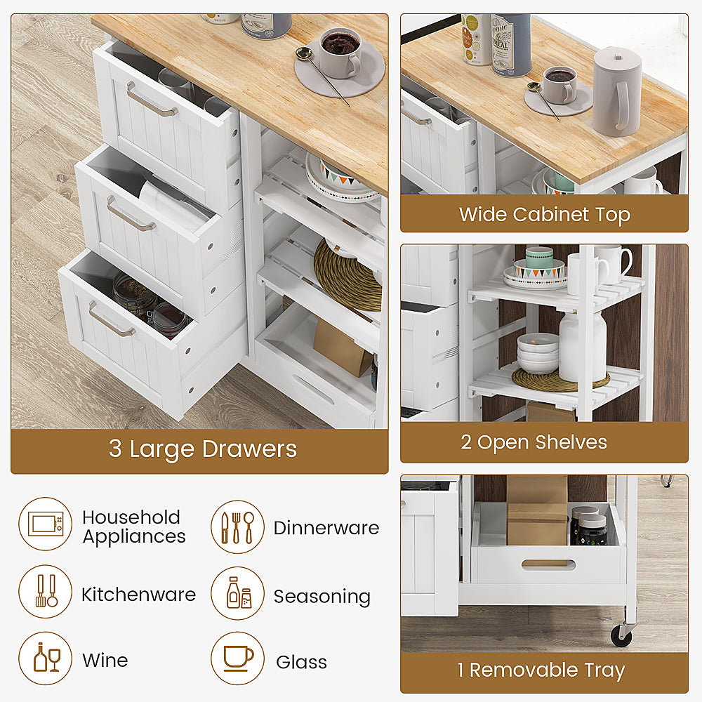 Costway Rolling Kitchen Island Utility Cart with 3 Storage Drawers & Open Shelves - White_5