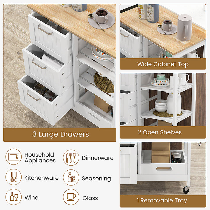 Costway Rolling Kitchen Island Utility Cart with 3 Storage Drawers & Open Shelves - White_5