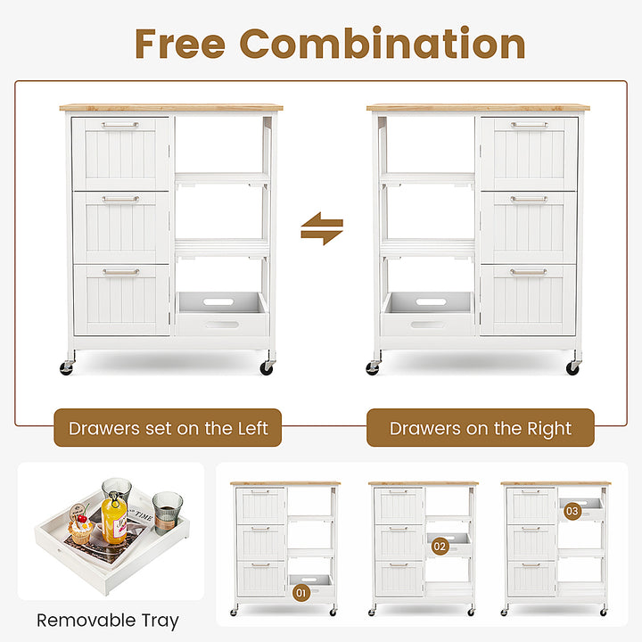 Costway Rolling Kitchen Island Utility Cart with 3 Storage Drawers & Open Shelves - White_7