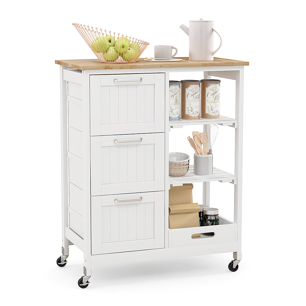 Costway Rolling Kitchen Island Utility Cart with 3 Storage Drawers & Open Shelves - White_9