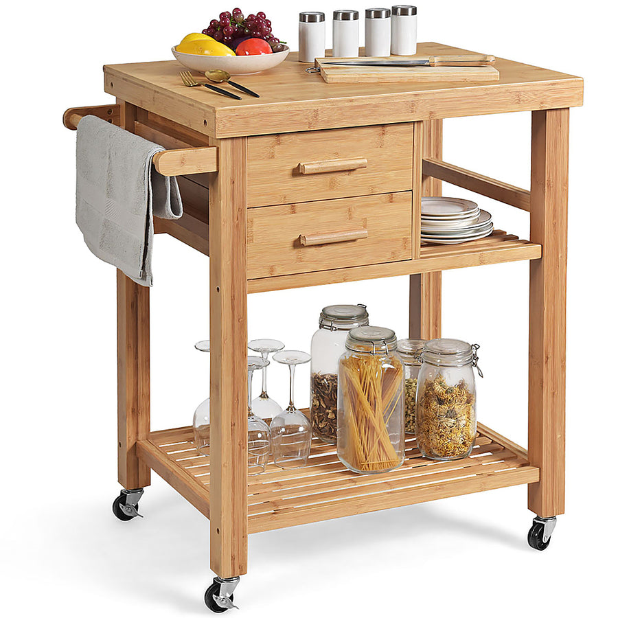 Costway Bamboo Kitchen Trolley Cart Wood Rolling Island w/ Tower Rack & Drawers - Natural_0