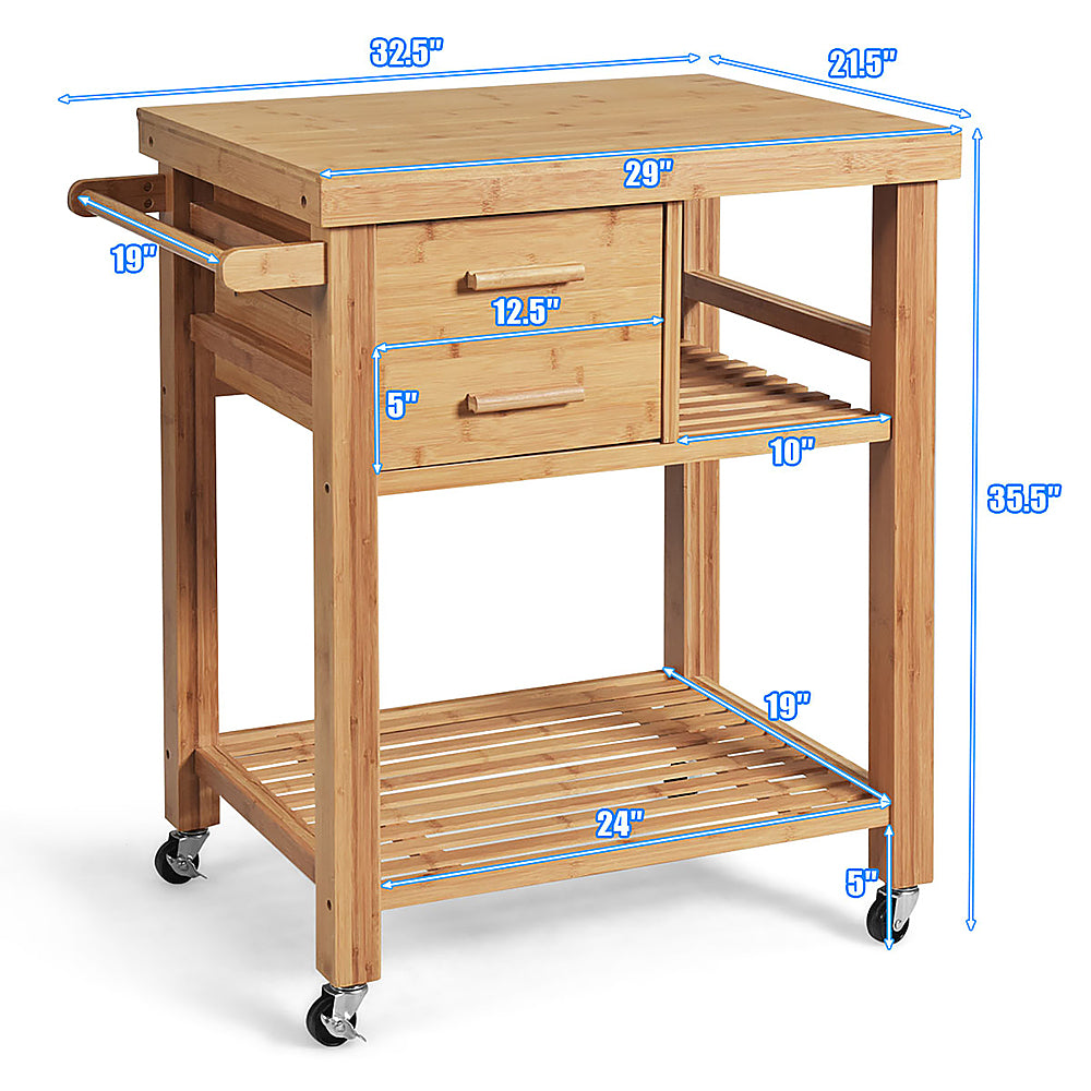 Costway Bamboo Kitchen Trolley Cart Wood Rolling Island w/ Tower Rack & Drawers - Natural_1