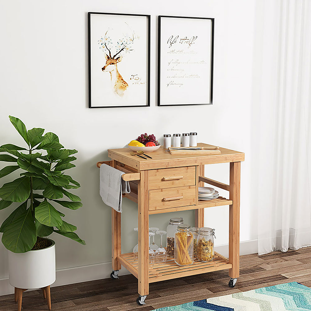 Costway Bamboo Kitchen Trolley Cart Wood Rolling Island w/ Tower Rack & Drawers - Natural_2