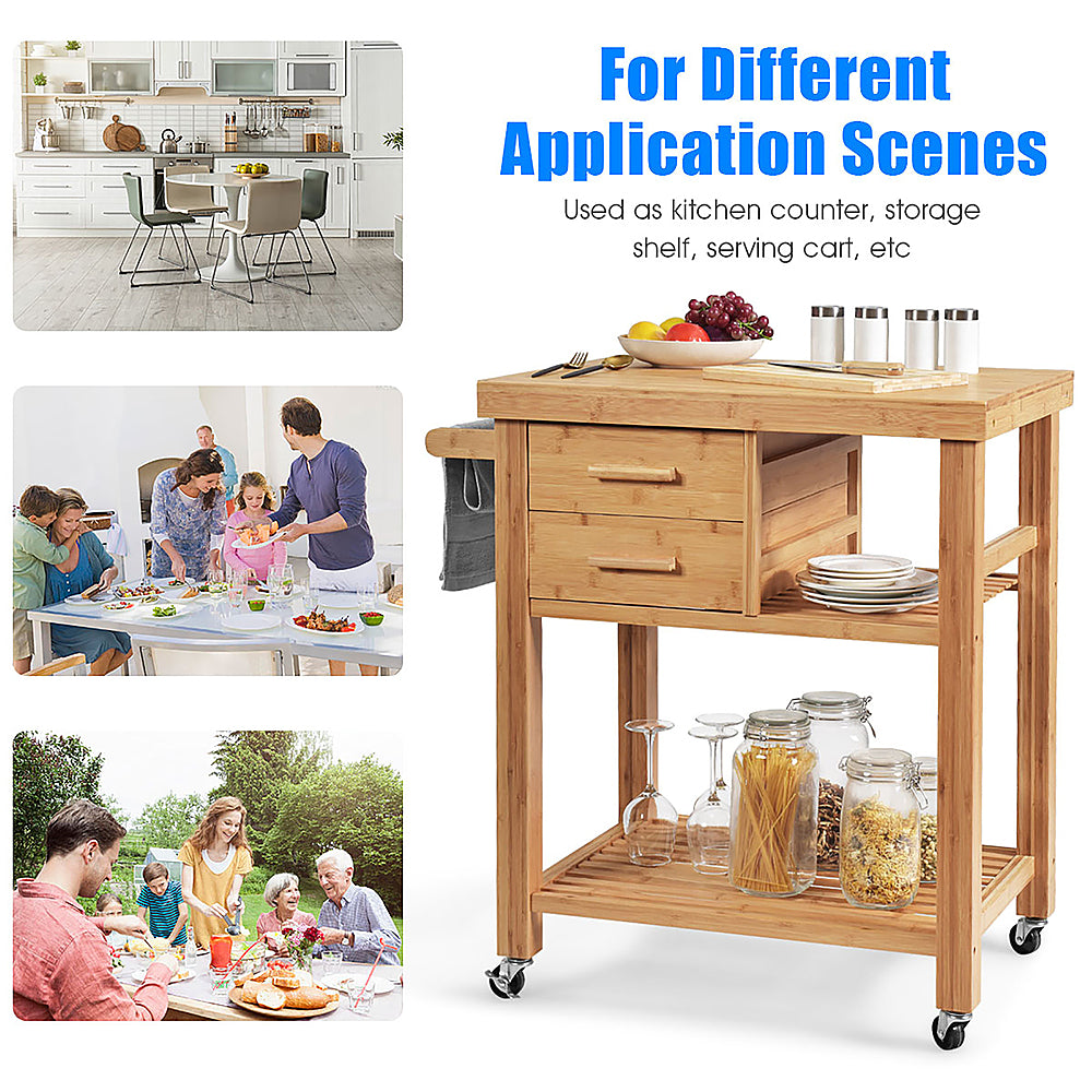 Costway Bamboo Kitchen Trolley Cart Wood Rolling Island w/ Tower Rack & Drawers - Natural_5