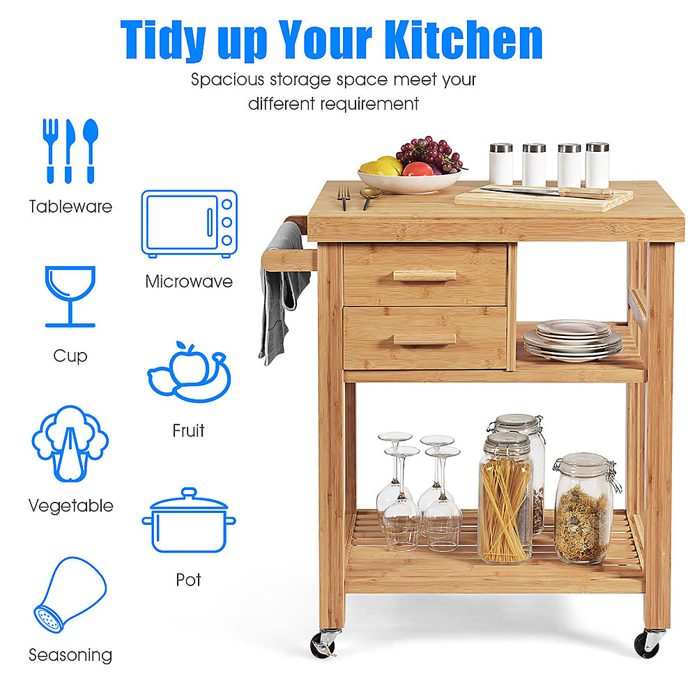 Costway Bamboo Kitchen Trolley Cart Wood Rolling Island w/ Tower Rack & Drawers - Natural_7