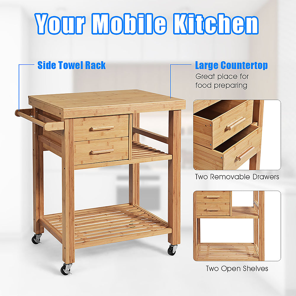 Costway Bamboo Kitchen Trolley Cart Wood Rolling Island w/ Tower Rack & Drawers - Natural_8