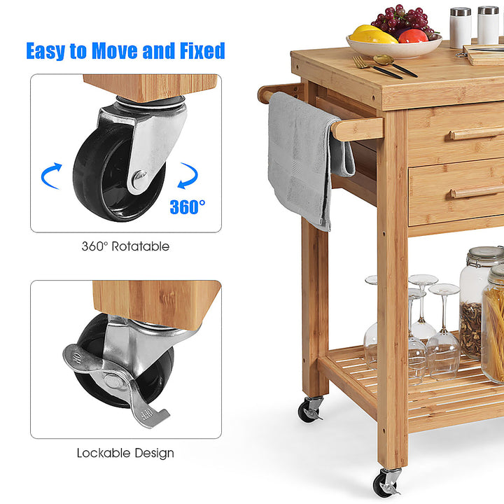 Costway Bamboo Kitchen Trolley Cart Wood Rolling Island w/ Tower Rack & Drawers - Natural_9