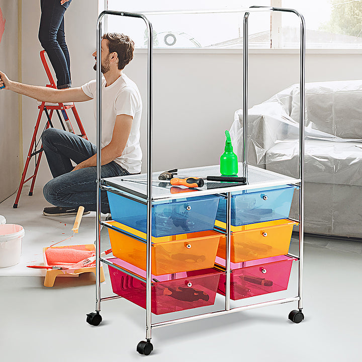 Costway 6 Drawer Rolling Storage Cart w/Hanging Bar Office School Organizer - Multicolor_3