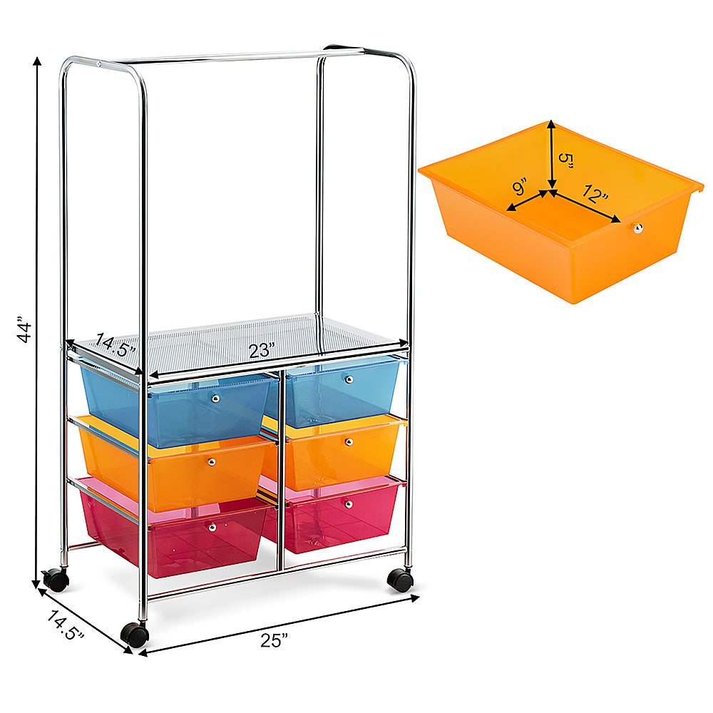 Costway 6 Drawer Rolling Storage Cart w/Hanging Bar Office School Organizer - Multicolor_4