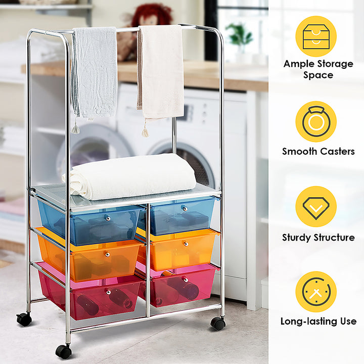 Costway 6 Drawer Rolling Storage Cart w/Hanging Bar Office School Organizer - Multicolor_5