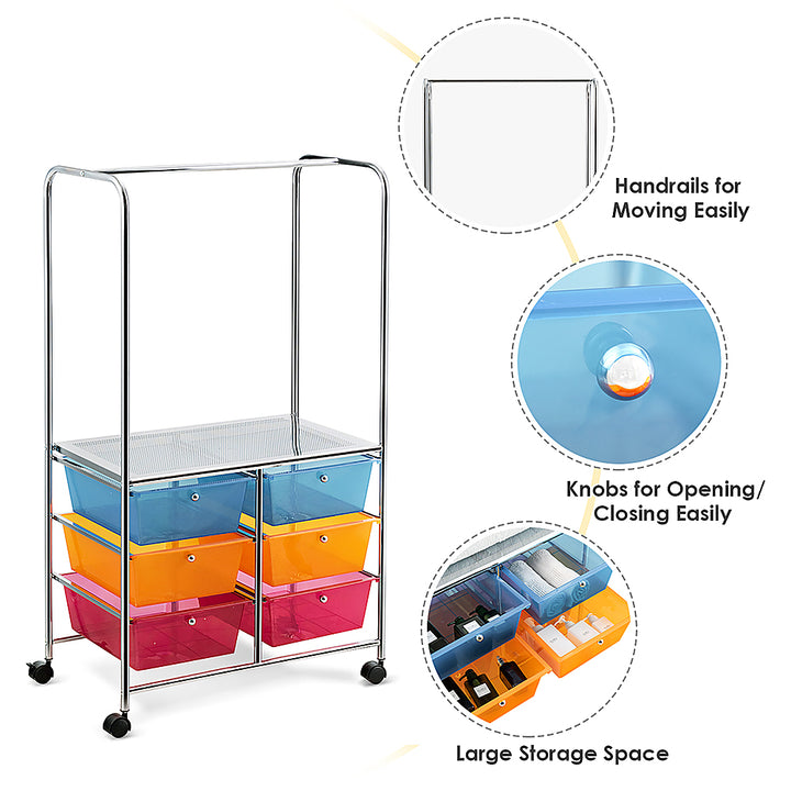 Costway 6 Drawer Rolling Storage Cart w/Hanging Bar Office School Organizer - Multicolor_6