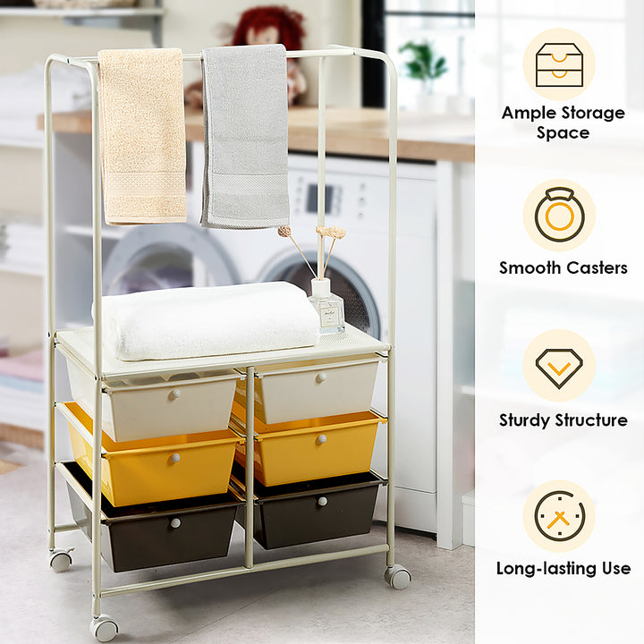 Costway 6 Drawer Rolling Storage Cart w/Hanging Bar Office School Organizer Yellow - Multicolor_1