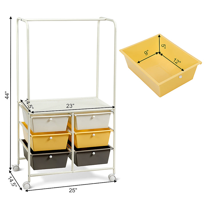 Costway 6 Drawer Rolling Storage Cart w/Hanging Bar Office School Organizer Yellow - Multicolor_2