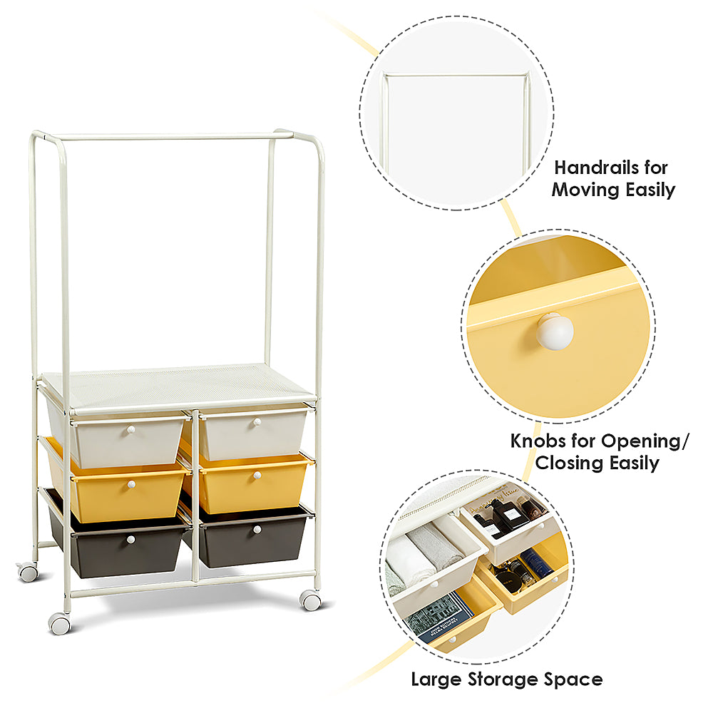 Costway 6 Drawer Rolling Storage Cart w/Hanging Bar Office School Organizer Yellow - Multicolor_3