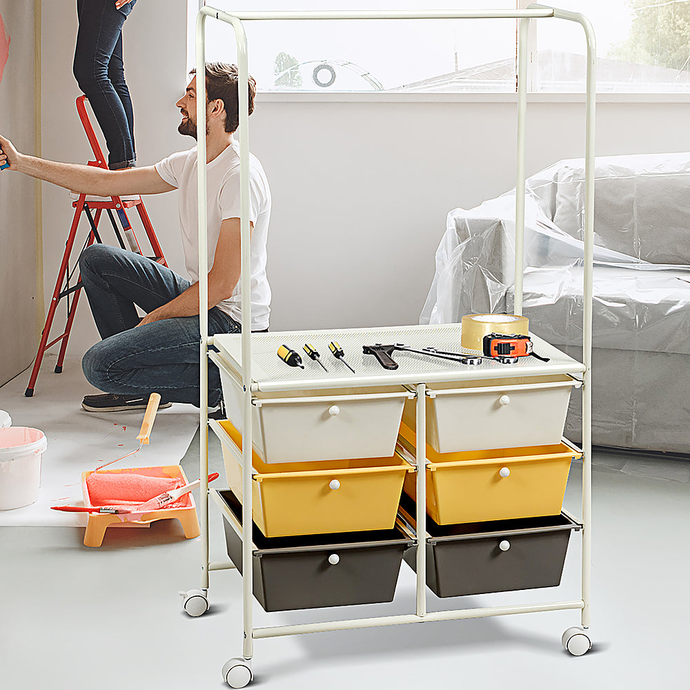 Costway 6 Drawer Rolling Storage Cart w/Hanging Bar Office School Organizer Yellow - Multicolor_8