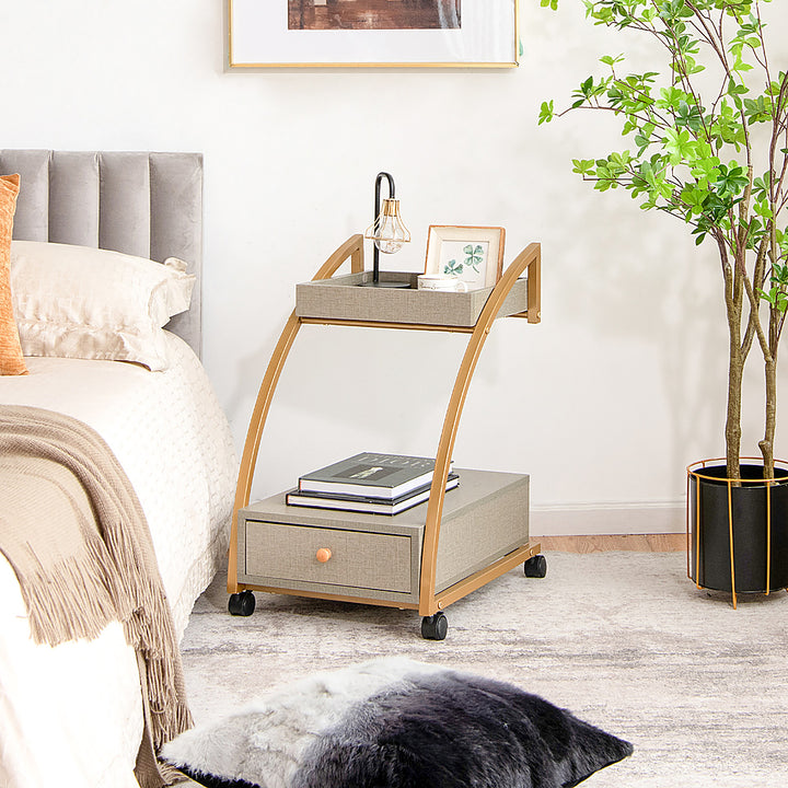 Costway Rolling End Table with Storage Drawer Tray Top 4 Casters Modern Bedside Trolley - Grey/Gold_2