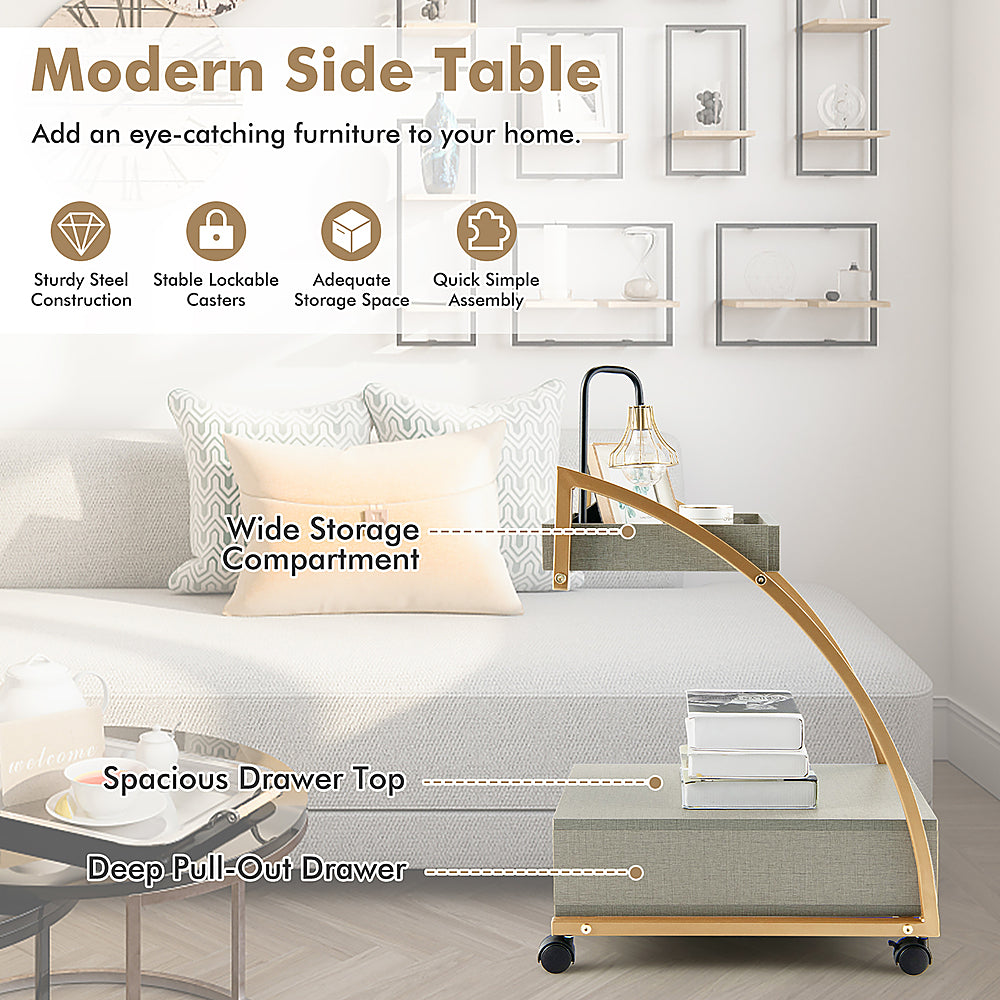 Costway Rolling End Table with Storage Drawer Tray Top 4 Casters Modern Bedside Trolley - Grey/Gold_6