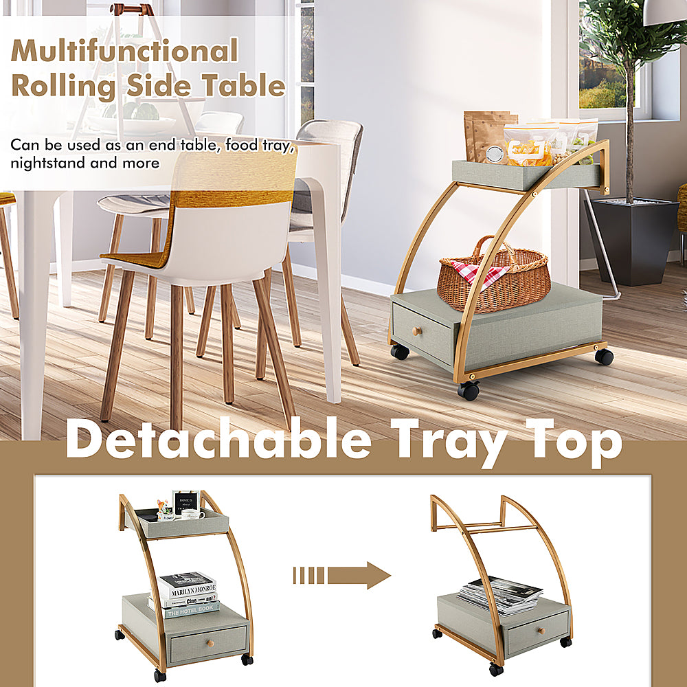 Costway Rolling End Table with Storage Drawer Tray Top 4 Casters Modern Bedside Trolley - Grey/Gold_7