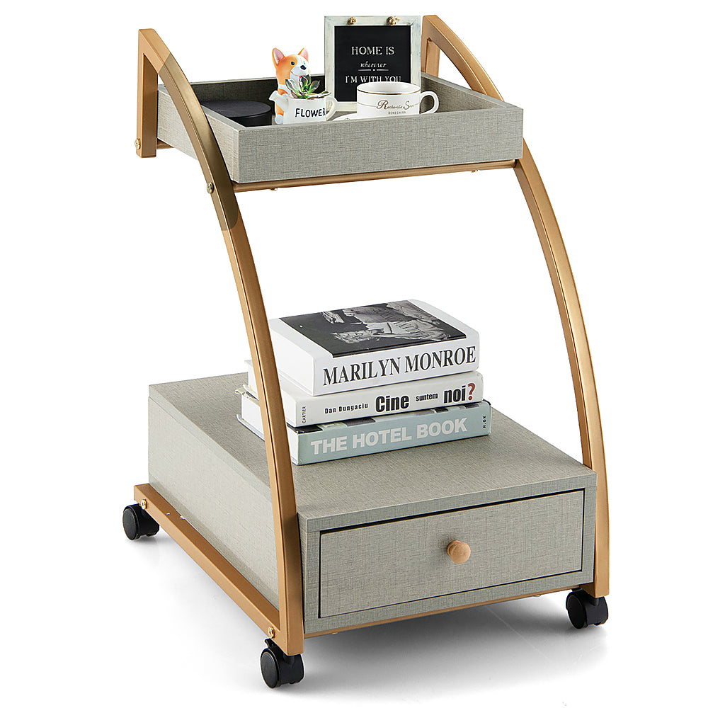 Costway Rolling End Table with Storage Drawer Tray Top 4 Casters Modern Bedside Trolley - Grey/Gold_9