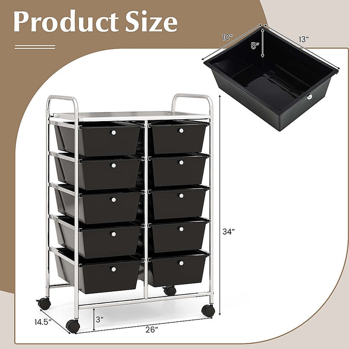 Costway 10-Drawer Storage Cart Utility Rolling Trolley Kitchen Office Organizer - Black_4