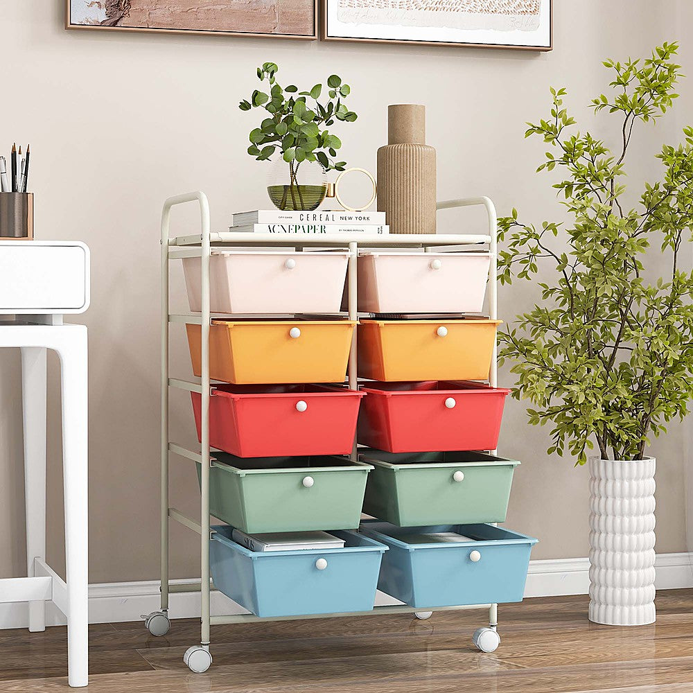 Costway 10-Drawer Storage Cart Utility Rolling Trolley Kitchen Office Organizer - Macaron_2