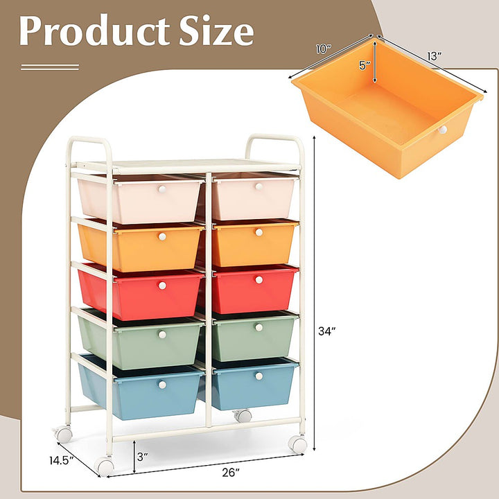 Costway 10-Drawer Storage Cart Utility Rolling Trolley Kitchen Office Organizer - Macaron_3