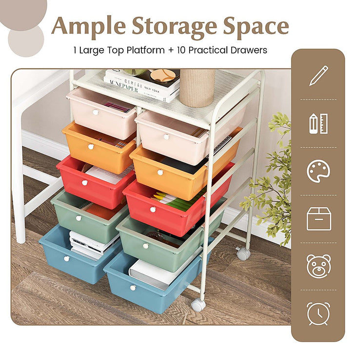 Costway 10-Drawer Storage Cart Utility Rolling Trolley Kitchen Office Organizer - Macaron_4