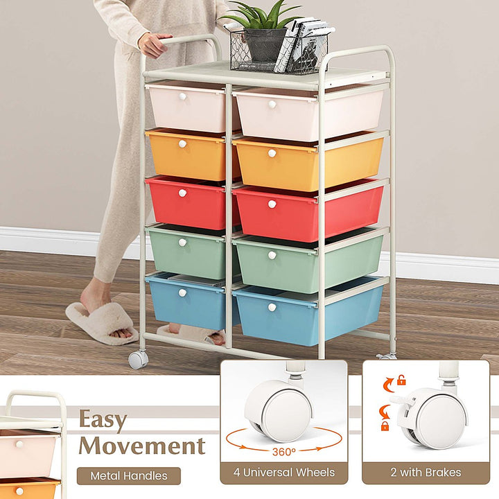 Costway 10-Drawer Storage Cart Utility Rolling Trolley Kitchen Office Organizer - Macaron_5