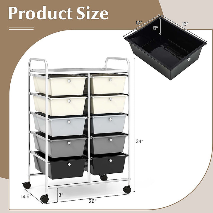 Costway 10-Drawer Storage Cart Utility Rolling Trolley Kitchen Organizer - Gradient Grey_3