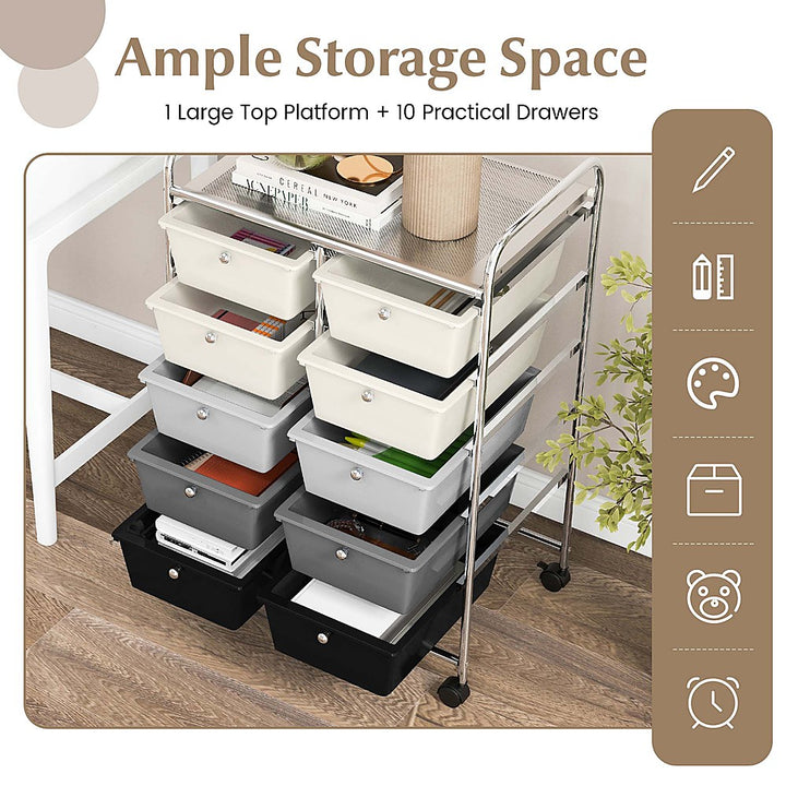 Costway 10-Drawer Storage Cart Utility Rolling Trolley Kitchen Organizer - Gradient Grey_4