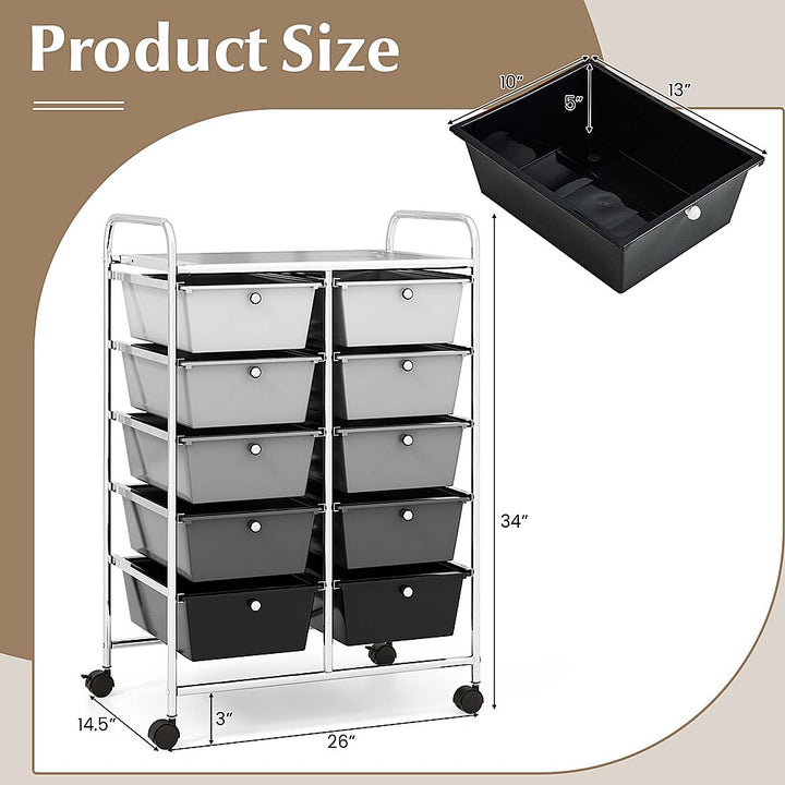 Costway 10-Drawer Storage Cart Utility Rolling Trolley Kitchen Organizer - Black Gradient_3